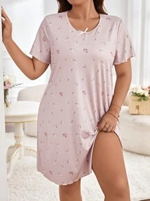 大碼碎花睡裙 - 藕粉色 - 查看 5