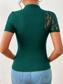 SHEIN Privé Contrast Lace Mock Neck Tee
