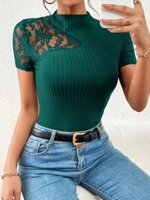 SHEIN Privé Contrast Lace Mock Neck Tee
