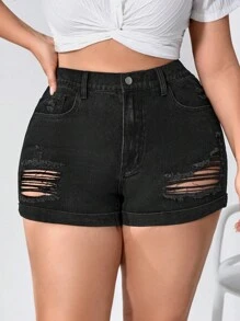 大碼高腰破洞卷邊牛仔短褲 - 黑色 - 查看 6