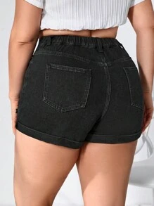 大碼高腰破洞卷邊牛仔短褲 - 黑色 - 查看 2