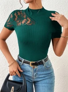 SHEIN Privé Contrast Lace Mock Neck Tee
