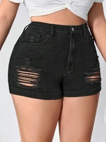 大碼高腰破洞卷邊牛仔短褲 - 黑色 - 查看 4