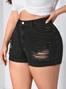 大碼高腰破洞卷邊牛仔短褲 - 黑色 - 查看 1
