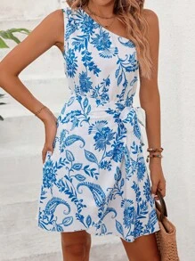 SHEIN VCAY Floral Print One Shoulder Knot Side Wrap Hem Dress - White - View 5