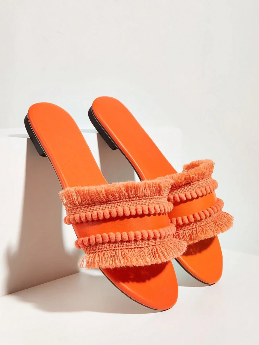 Women Orange Raw Trim Design Flat Sandals, Funky Open Toe Slide Sandals For Summer - Orange - View 1