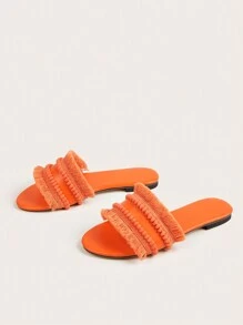 Women Orange Raw Trim Design Flat Sandals, Funky Open Toe Slide Sandals For Summer - Orange - View 2