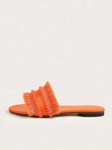 Women Orange Raw Trim Design Flat Sandals, Funky Open Toe Slide Sandals For Summer - Orange - View 3