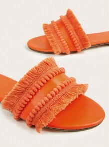 Women Orange Raw Trim Design Flat Sandals, Funky Open Toe Slide Sandals For Summer - Orange - View 4