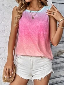 SHEIN LUNE 渐变色印花对比色绑带背心图案 T 恤女式上衣 - 粉色 - 查看 3