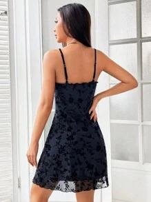 SHEIN EZwear 花卉圖案網紗覆蓋吊帶連衣裙 - 藏蓝色 - 查看 2
