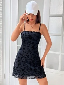 SHEIN EZwear 花卉圖案網紗覆蓋吊帶連衣裙 - 藏蓝色 - 查看 4