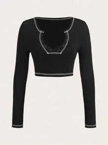SHEIN EZwear تي شيرت إكسبرة بأسود أساس و رباط تباين - الأسود - مشاهدة 1
