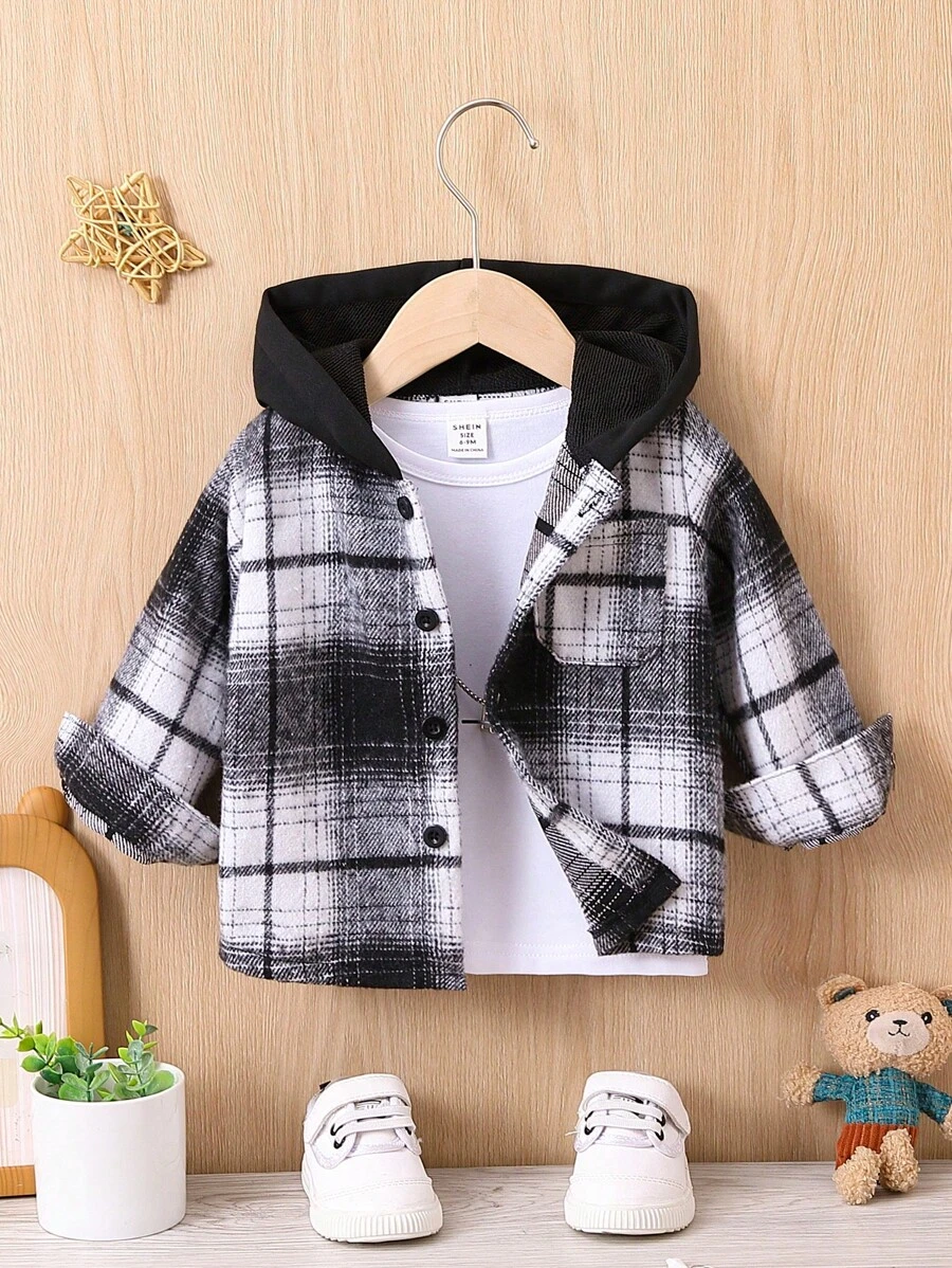 Baby Boy Plaid Print Hooded Coat Without Tee - Black and White - View 1