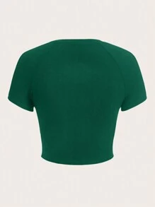 SHEIN EZwear Áo thun nữ Slogan Giải trí - Màu xanh lá cây đậm - Xem 3