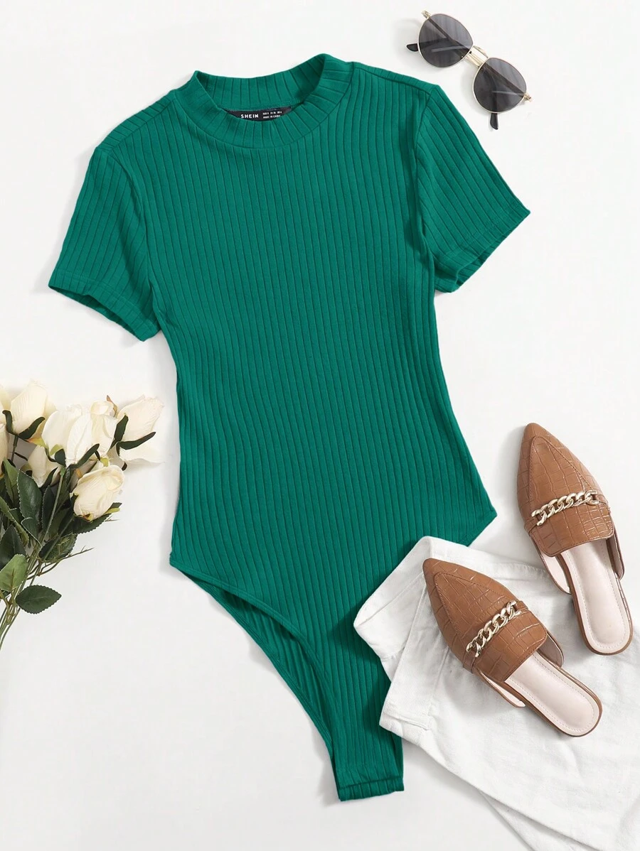 SHEIN EZwear 大碼小高領羅紋針織連體衣 - 墨綠色 - 查看 1