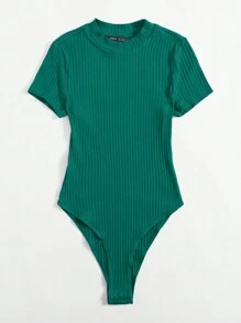 SHEIN EZwear 大碼小高領羅紋針織連體衣 - 墨綠色 - 查看 3