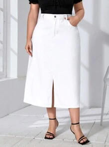 SHEIN Frenchy 大碼下擺開叉牛仔半身裙 - 白色 - 查看 1