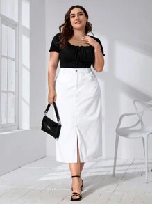 SHEIN Frenchy 大碼下擺開叉牛仔半身裙 - 白色 - 查看 4