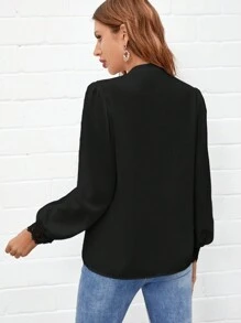 SHEIN Frenchy Guipure Lace Insert Lantern Sleeve Shirt - Black - View 2