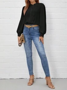 SHEIN Frenchy Guipure Lace Insert Lantern Sleeve Shirt - Black - View 3