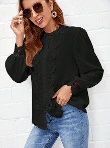 SHEIN Frenchy Guipure Lace Insert Lantern Sleeve Shirt - Black - View 4