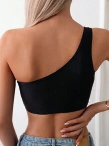 Vaytide Summer Beach Solid One Shoulder Bikini Top - Black - View 2