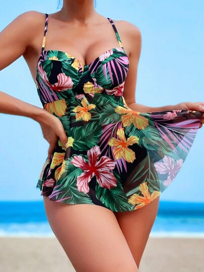 热带印花聚拢泳衣夏季海滩