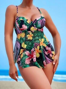 热带印花聚拢泳衣夏季海滩 - 紫色 - 查看 4