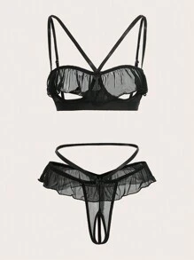 Seduluxe Women's Black Mesh Fabric Sexy Lingerie Set With Cut Out Spaghetti Strap Design