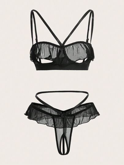 Set de lencería ribete con fruncido de malla