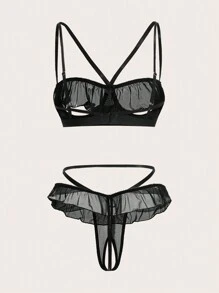 Seduluxe Women's Black Mesh Fabric Sexy Lingerie Set With Cut Out Spaghetti Strap Design