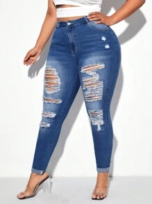 Plus Ripped Skinny Jeans - Dark Wash - View 1