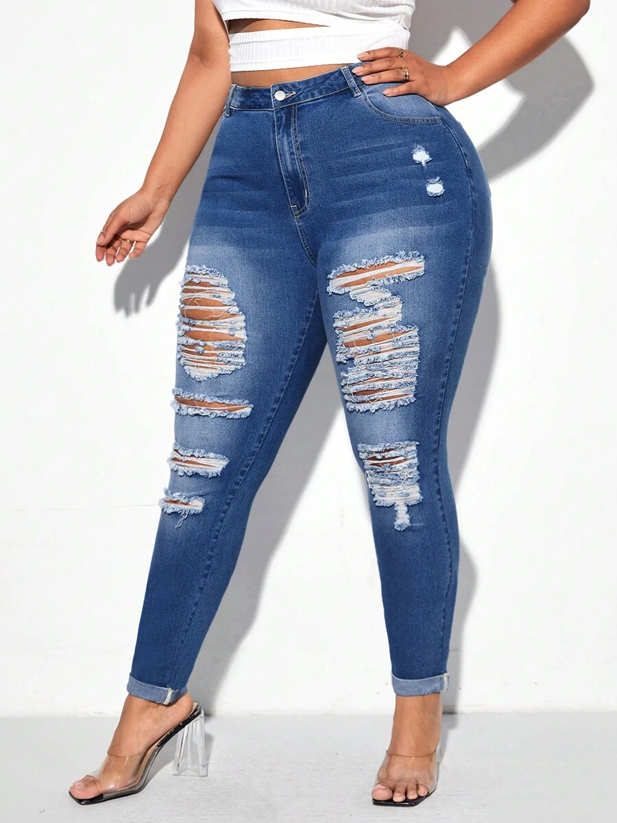 Plus Ripped Skinny Jeans - Dark Wash - View 1