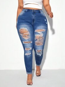 Plus Ripped Skinny Jeans - Dark Wash - View 4