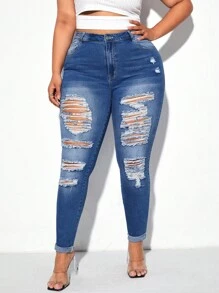 Plus Ripped Skinny Jeans - Dark Wash - View 5