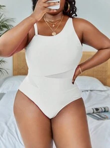 Slaydiva Summer Beach Plus Contrast Mesh One Piece Swimsuit - White - View 1