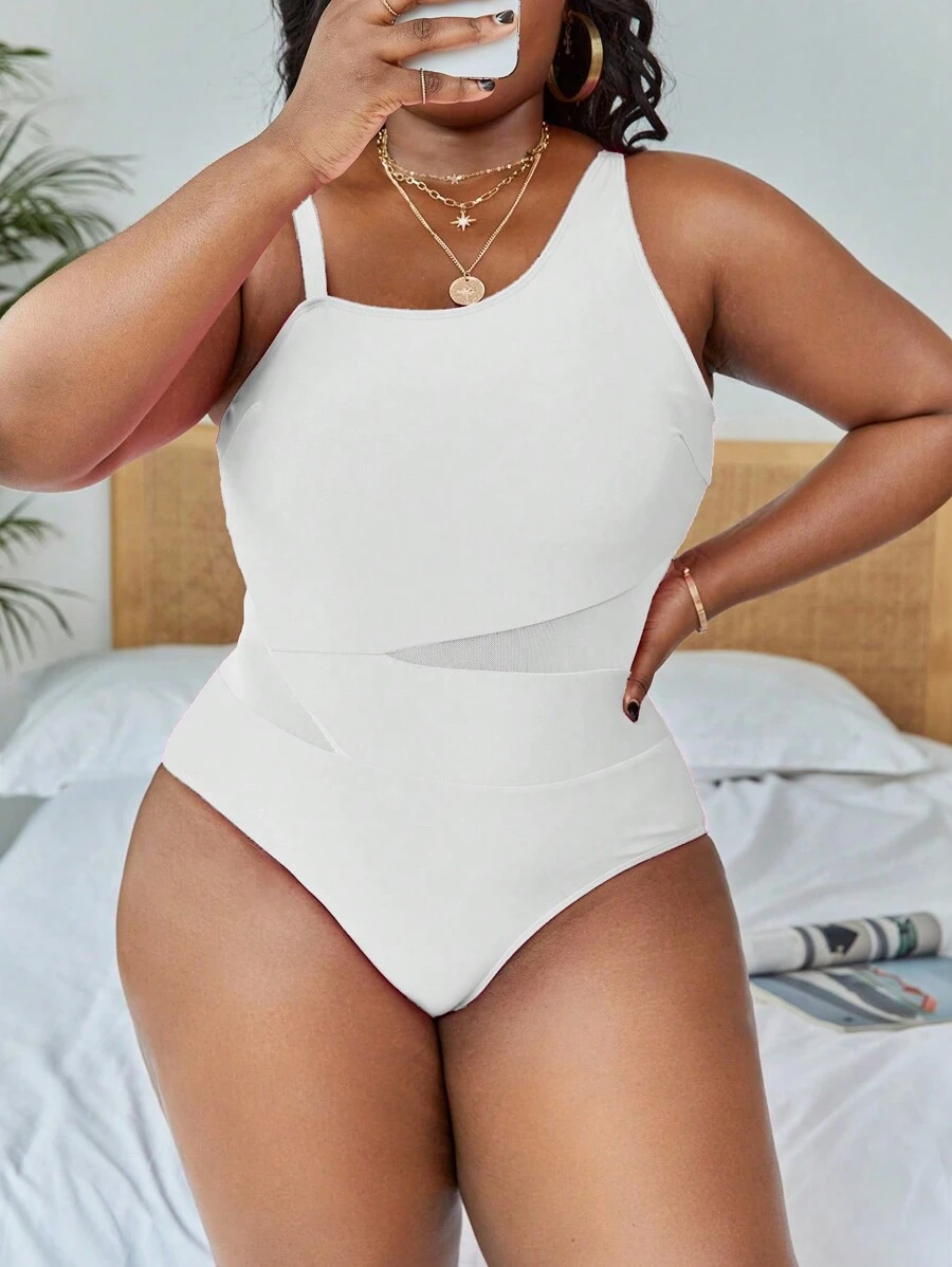 Slaydiva Summer Beach Plus Contrast Mesh One Piece Swimsuit - White - View 1