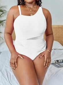 Slaydiva Summer Beach Plus Contrast Mesh One Piece Swimsuit - White - View 3