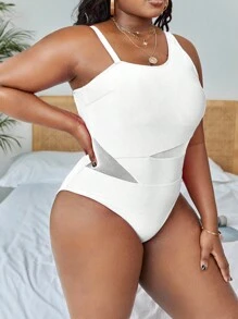 Slaydiva Summer Beach Plus Contrast Mesh One Piece Swimsuit - White - View 4