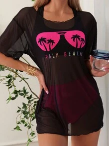 SHEIN Swim Summer Beach Tropical Print Bikini Set With Cover Up - Multicolor - View 3