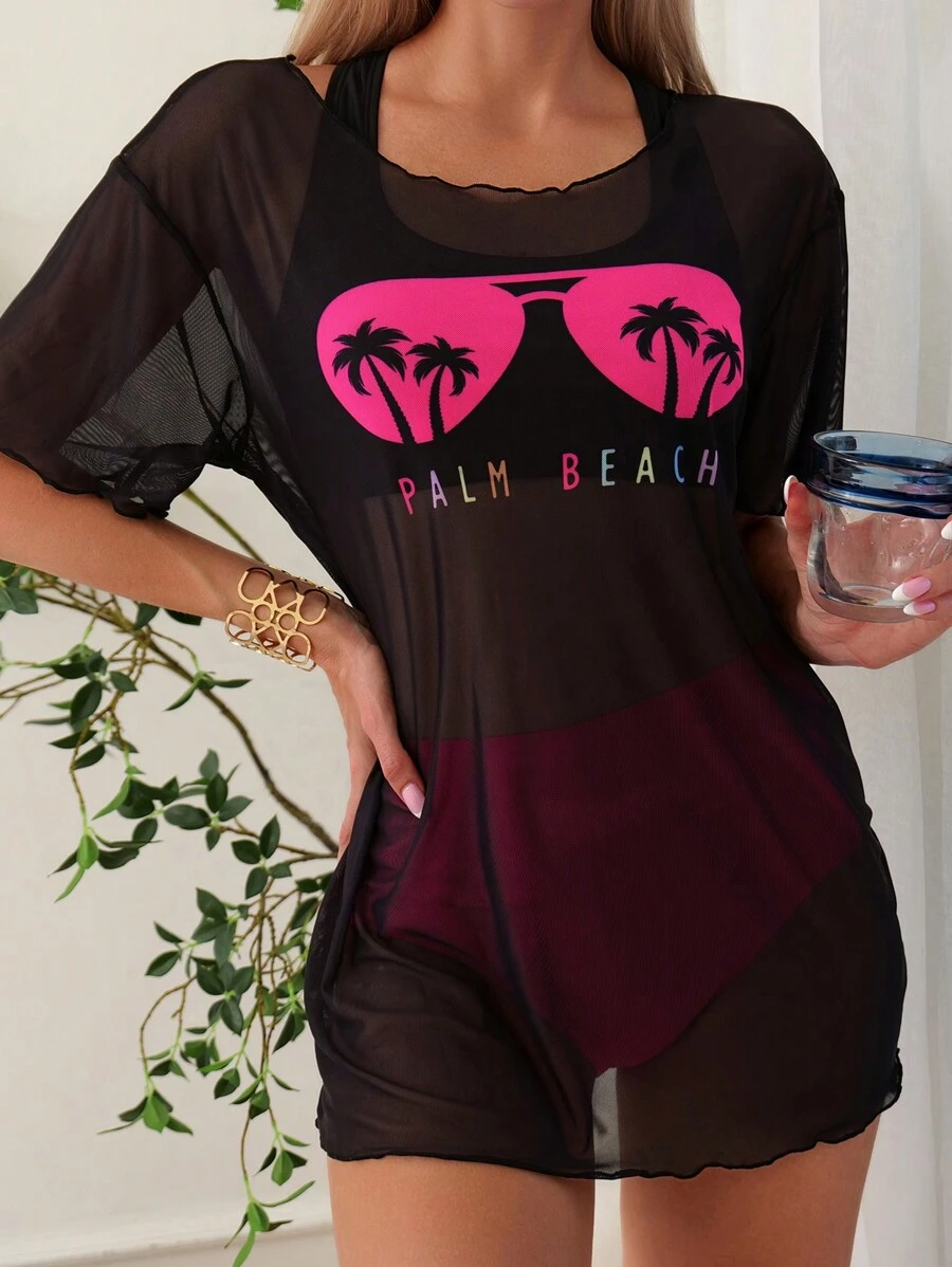 SHEIN Swim Summer Beach Tropical Print Bikini Set With Cover Up - Multicolor - View 1