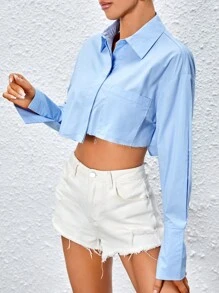 SHEIN Essnce Solid Pocket Patched Crop Shirt - Baby Blue - View 4