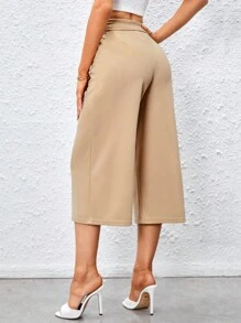 SHEIN Privé 素色腰帶闊腿七分褲 - 卡其色 - 查看 1