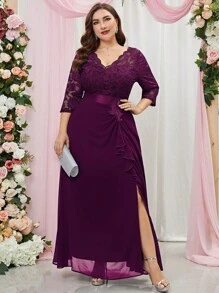 MIUSOL Plus Contrast Lace Ruffle Trim Split Thigh Evening Party Long Dress, Formal Dress, Wedding Guest Dress, Fall Winter Dress - Maroon - View 1