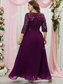MIUSOL Talla grande Vestido de vestir con encaje en contraste ribete con fruncido de muslo con abertura de gasa