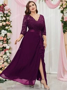 MIUSOL Talla grande Vestido de vestir con encaje en contraste ribete con fruncido de muslo con abertura de gasa
