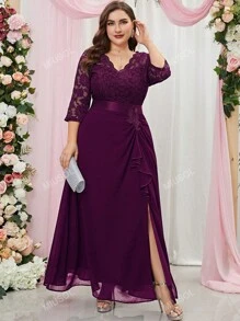 MIUSOL Talla grande Vestido de vestir con encaje en contraste ribete con fruncido de muslo con abertura de gasa