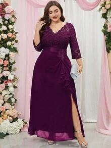 MIUSOL Plus Contrast Lace Ruffle Trim Split Thigh Evening Party Long Dress, Formal Dress, Wedding Guest Dress, Fall Winter Dress - Maroon - View 5