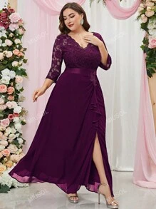 MIUSOL Talla grande Vestido de vestir con encaje en contraste ribete con fruncido de muslo con abertura de gasa